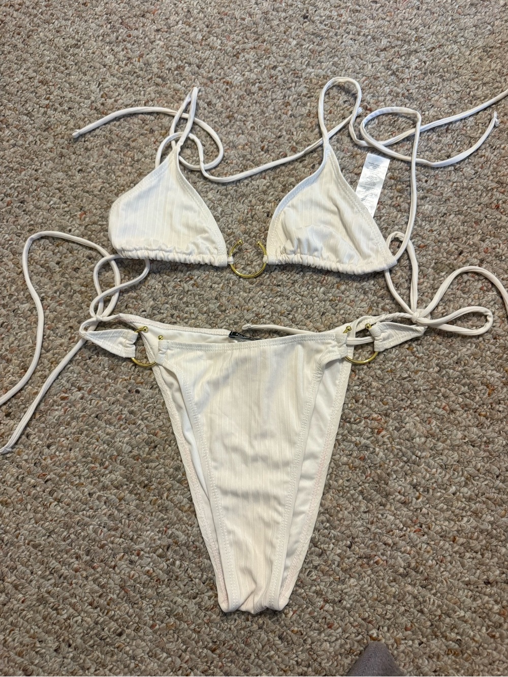 Nasty Gal Cream Ribbed Triangle Bikini with Gold Ring Accents